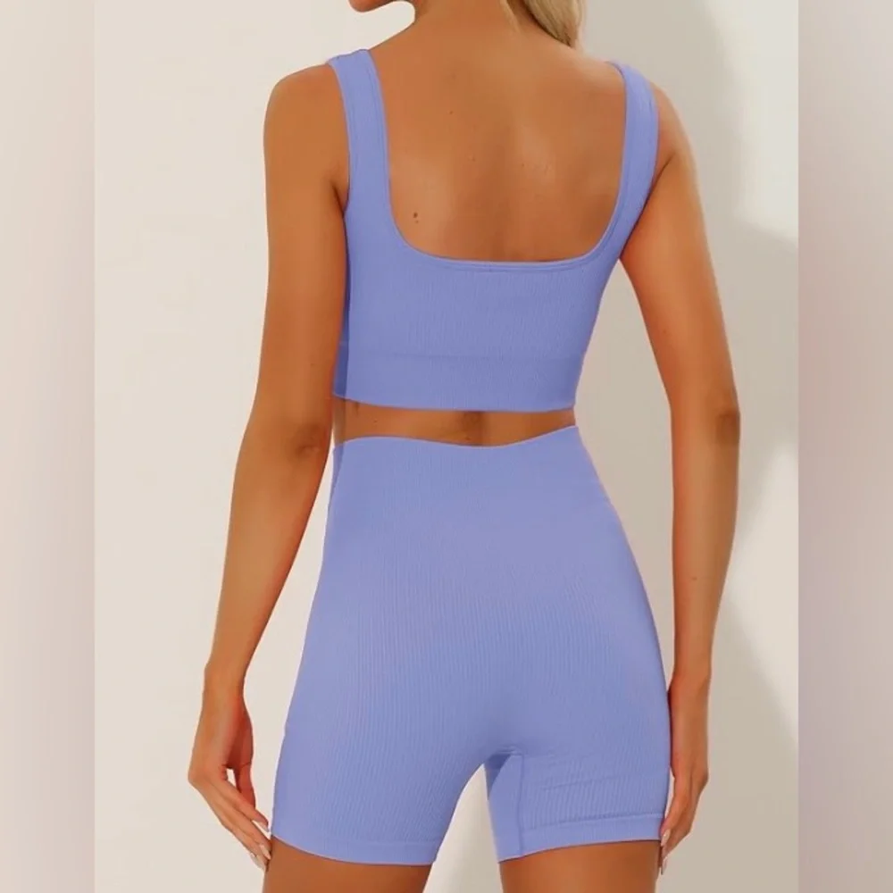 💙2 Piece Set: Periwinkle Ribbed Matching Sports Bra Biker Shorts Workout Set - Picture 2 of 10